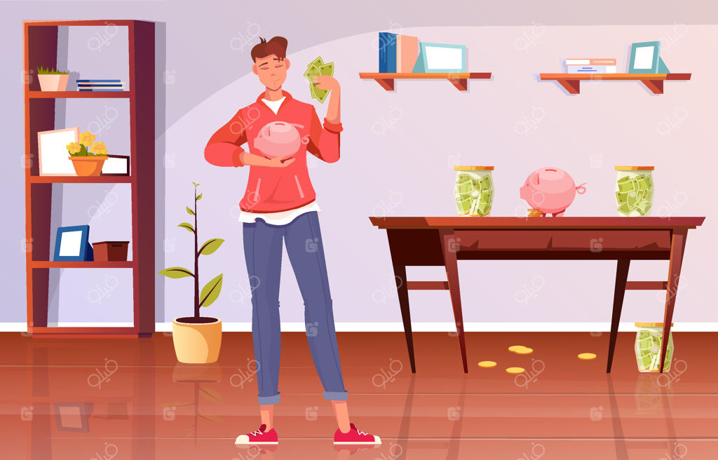 صرفه‌جویی کنید: دکوراسیون داخلی خانه با صحنه‌ای از مردی که اسکناس‌ها را در جعبه پس‌انداز می‌کند