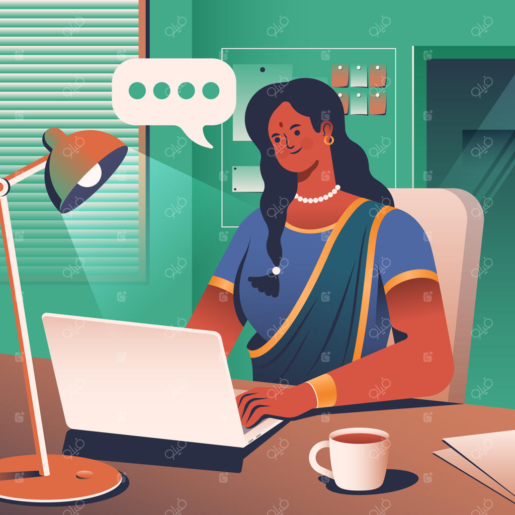 زن هندی با لپ‌تاپ کار می‌کند