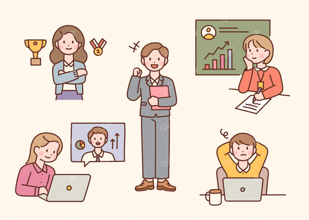 تصویری از کارمندان در حال کار در دفتر به سبک طراحی تخت وکتور