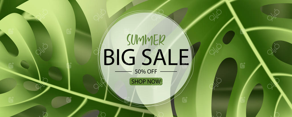 طراحی بنر فروش تابستانی با پس‌زمینه برگ‌های استوایی