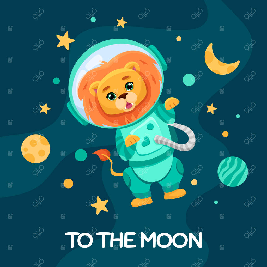 فضانورد شیرپوش در لباس فضایی برای پوستر جشن تولد کودکان و مهمانی نوزاد