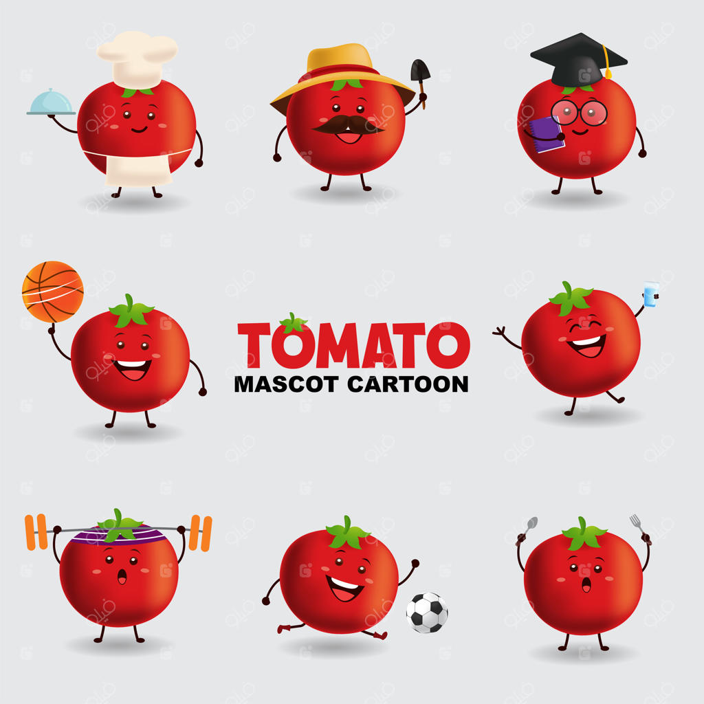 تصویرسازی کارتونی شخصیت. گوجه‌فرنگی در چندین ژست. پس‌زمینه مجزا.