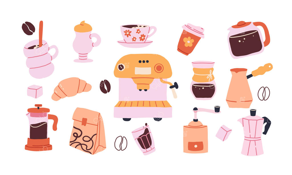 مجموعه‌ای از عناصر دستی قهوه: استیکرهای قهوه