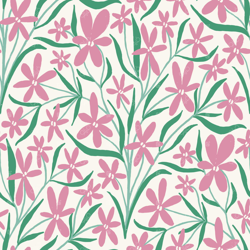 طرح گل‌های باغ شکوفه در گل و سبز بر روی زمینه سفید کرمی. پترن تکراری گل‌های لطیف برای طراحی پارچه، کاغذ و کاغذ دیواری.