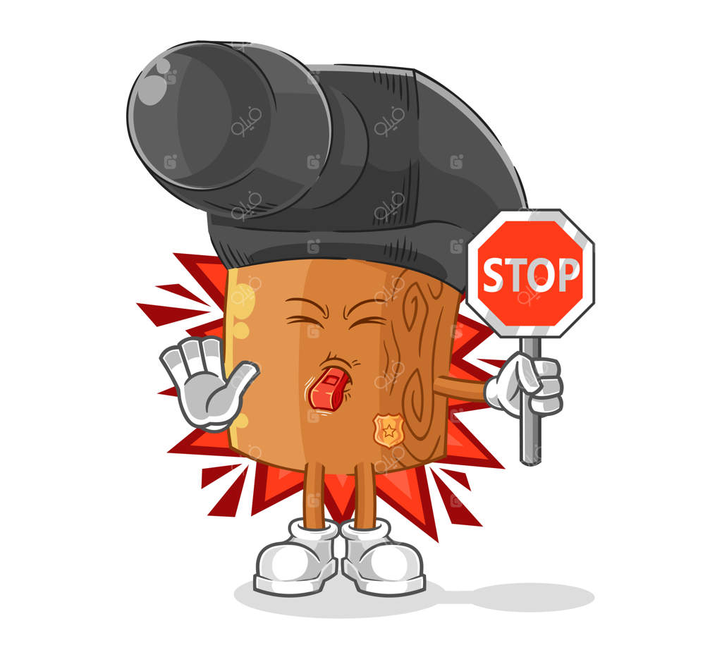 تصویر کارتونی ماسکات چکش در حال نگه داشتن تابلوی توقف وکتور