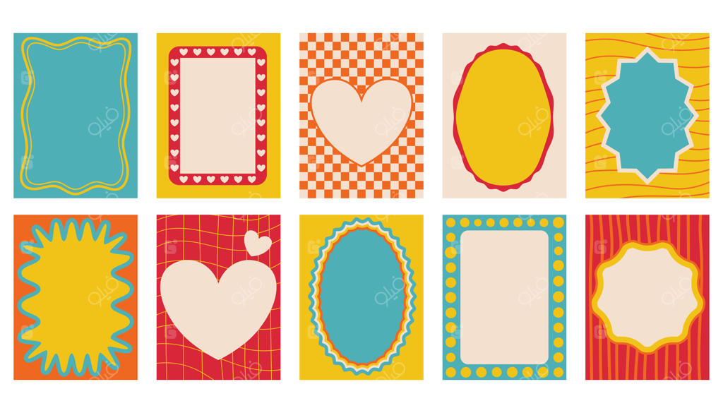 کارت پستال‌ها و پوسترهای مینیمال و رنگارنگ با سبک کارتونی دهه ۹۰ میلادی برای تزئین شبکه‌های اجتماعی و دیگر کاربردها