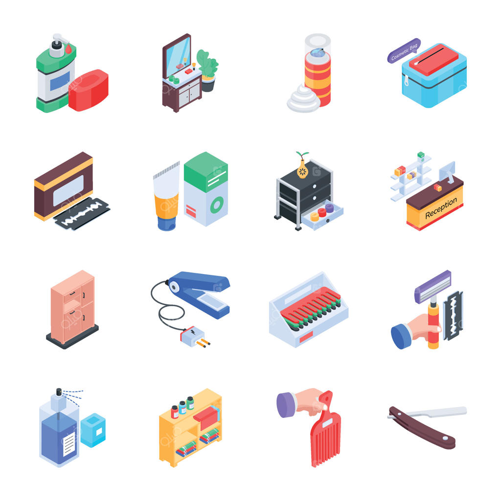مجموعه‌ای از آیکون‌های ایزومتریک لوازم آرایشگری