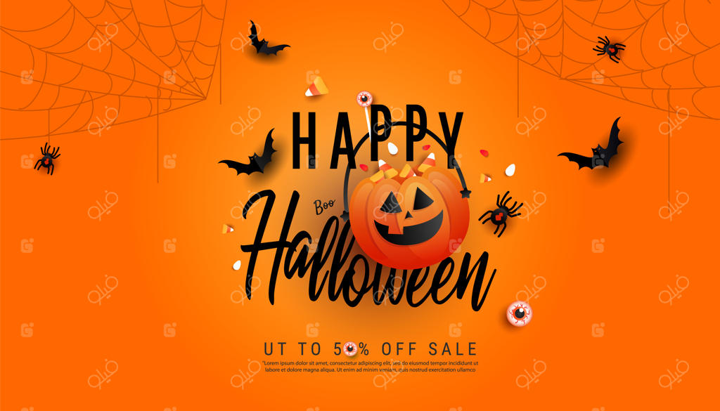 قالب بنر فروش ویژه هالووین: کدوهای هالووین و خفاش‌های پرنده