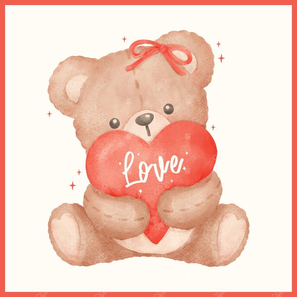 خرس عروسکی رمانتیک و قلب قرمز ولنتاین در نقاشی آبرنگی