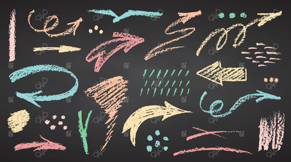 مداد پاستلی ذغالی برای طراحی فلش‌های خمیده. عناصر سفید روی تخته سیاه: بافت‌های خط‌خطی، منحنی‌ها و خطوط موج‌دار. илustрация