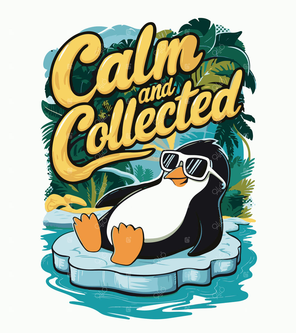 پنگوئن نشسته روی تکه یخ شناور با نوشته آرام و کلکسیونی