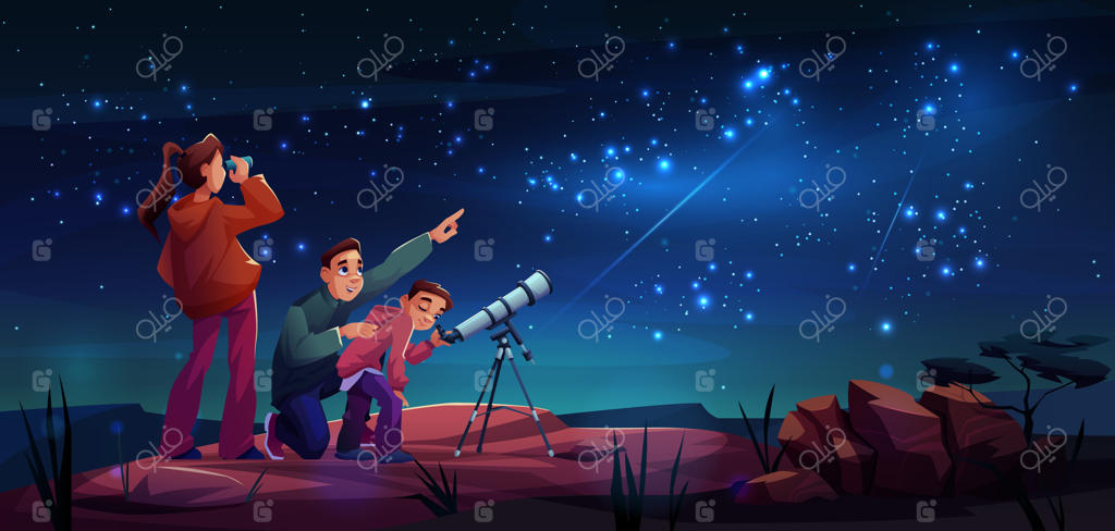 خانواده‌ای در حال تماشای آسمان پرستاره شب با تلسکوپ