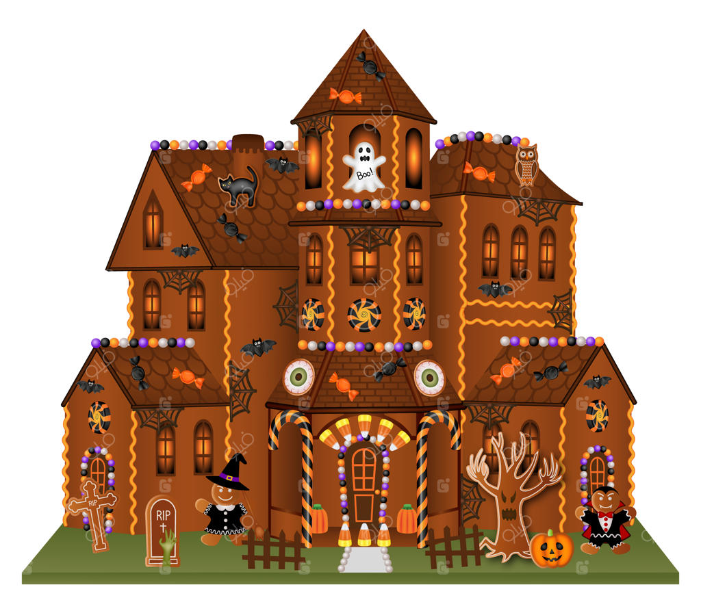 خانه بزرگ نان زنجبیلی هالووین با کلوچه و آب‌نبات‌ها