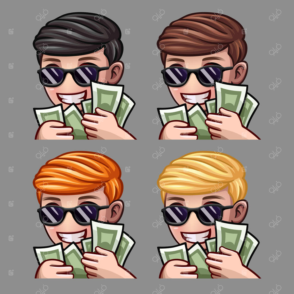 آیکون‌های احساسی پسر خوشحال با عینک آفتابی و پول برای شبکه‌های اجتماعی و استیکرها