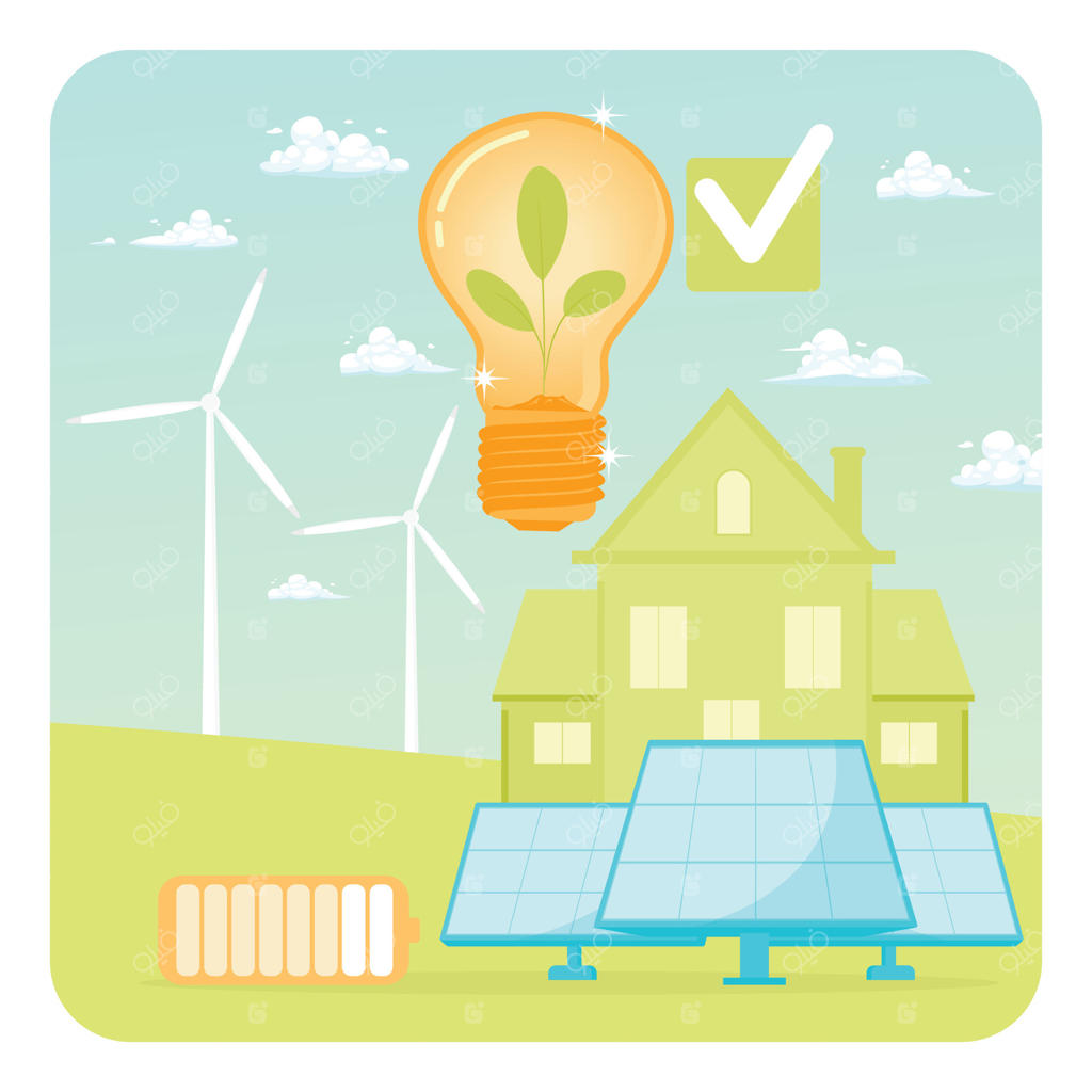 روش‌های انرژی تجدیدپذیر: خانه‌ای پایدار با پنل‌های خورشیدی و توربین‌های بادی.