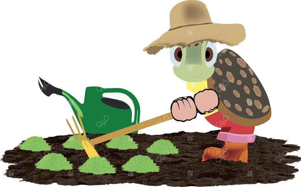 لاک‌پشت کارتونی در حال باغبانی وکتور حرفه‌ای است