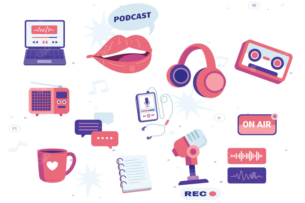 مجموعه‌ای از وسایل مختلف پادکست: لپ‌تاپ، پخش‌کننده صوتی، لب‌ها، تلفن، میکروفون، نظر، هدست، در حال پخش، رادیو، قهوه. نقاشی دستی در سبک مدرن و کارتونی جذاب
