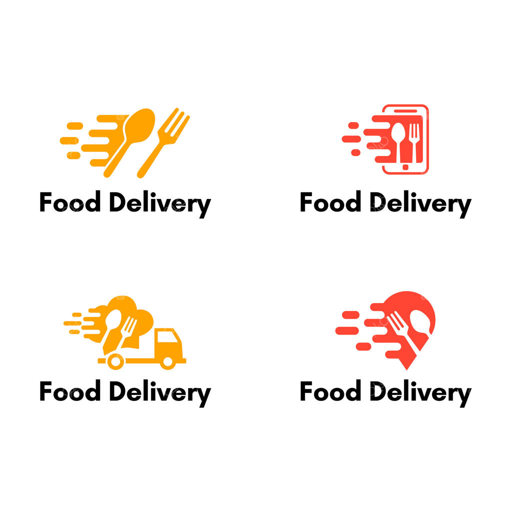 مجموعه‌ای از چهار لوگوی سرویس تحویل غذا با نمادهای قاشق و چنگال و وسایل نقلیه روی پس‌زمینه سفید که نشان‌دهنده حمل‌ونقل سریع و کارآمد وعده‌های غذایی است.