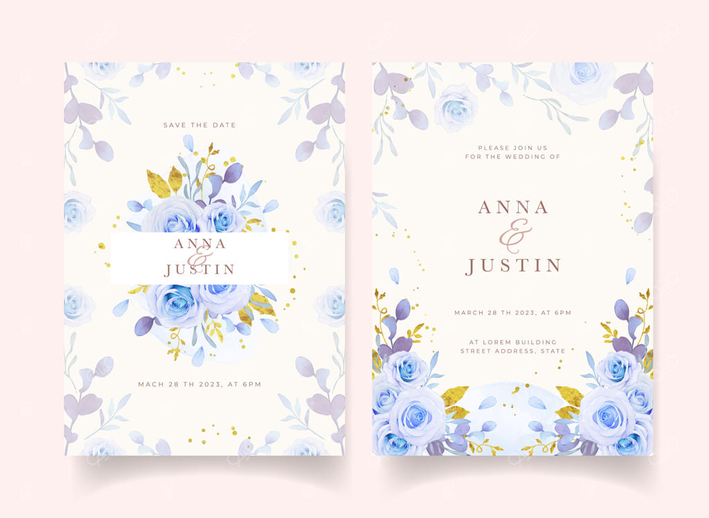 دعوتنامه عروسی با گل‌های آبی رنگ آبرنگی