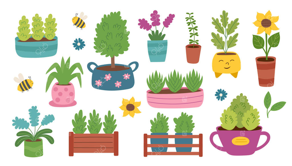 مجموعه‌ای از گیاهان و گل‌های باغچه در گلدان‌های مختلف، مجزا روی پس‌زمینه سفید. کلیپ‌ آرت برای بهار، عید پاک، تعطیلات و مفهوم باغبانی.