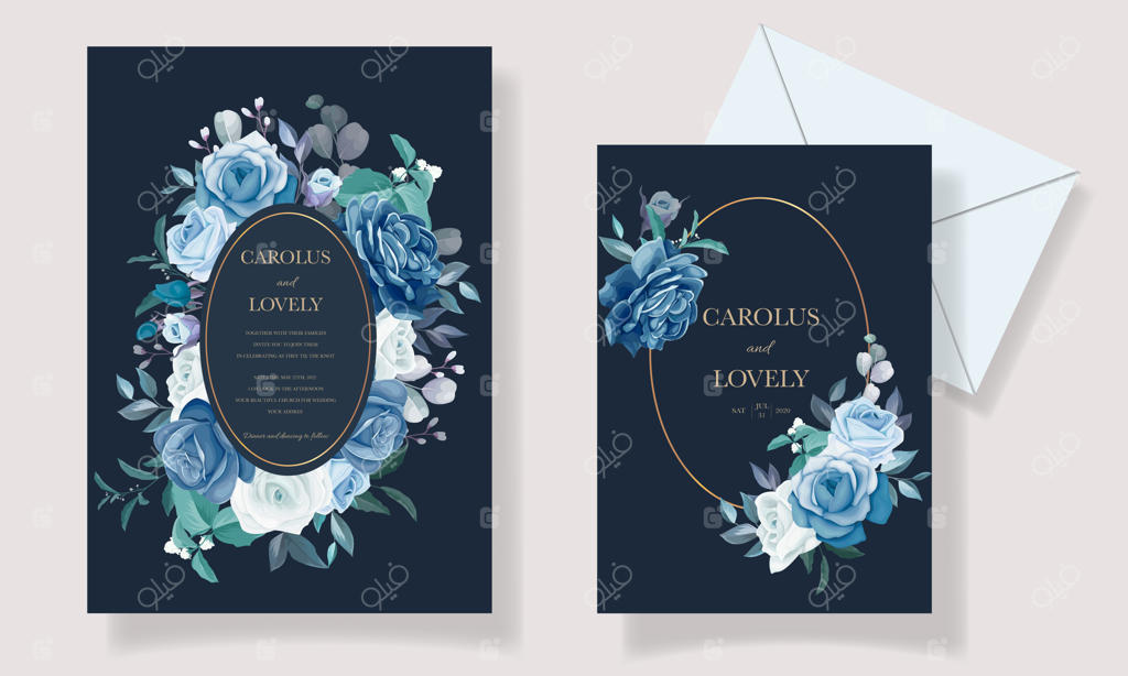 قالب دعوت‌نامه عروسی با طرح زیبای دسته‌گل و حاشیه تزیینی آبی
