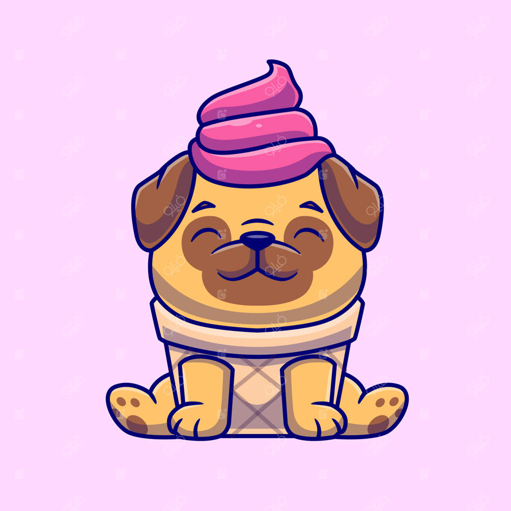 تصویر وکتور کارتونی بستنی قیفی با سگ پاگ بامزه. آیکون غذای حیوانات به صورت تخت و جداگانه