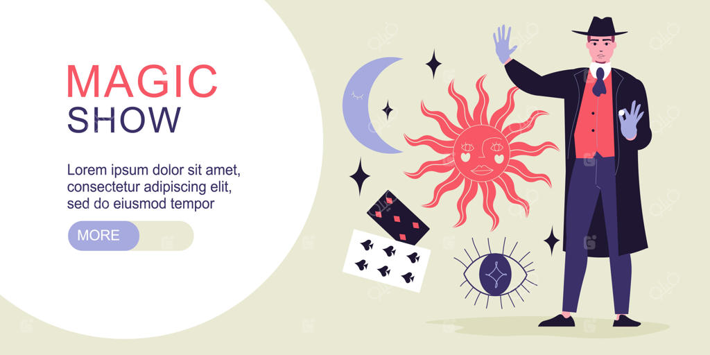بنر افقی نمایش جادو با شخصیت کارتونی جادوگر و تصاویر کارت، خورشید، ماه و چشم - تصویرسازی وکتور