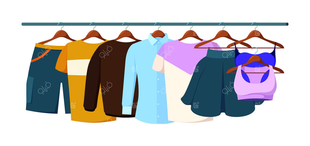 لباس‌های آویزان: لباس‌های کژوال برای مردان و زنان در کمد، تصاویر تخت وکتوری با رنگ‌های زنده