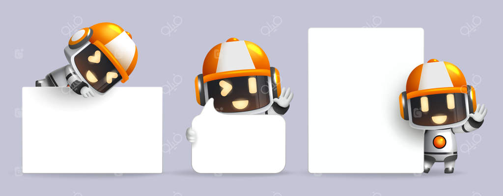 شخصیت‌های رباتی برای ارائه: مجموعه وکتوری ربات‌های ارائه‌دهنده با تخته و حباب گفتگو