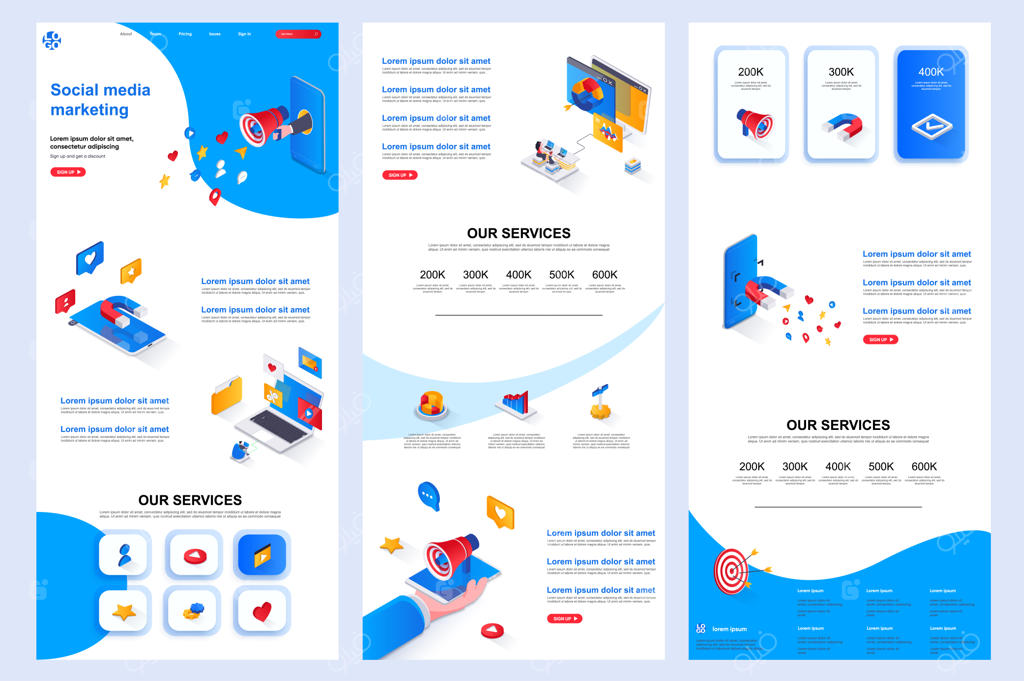 قالب وبسایت ایزومتریک بازاریابی شبکه‌های اجتماعی: صفحه فرود، محتوای میانی و پاورقی