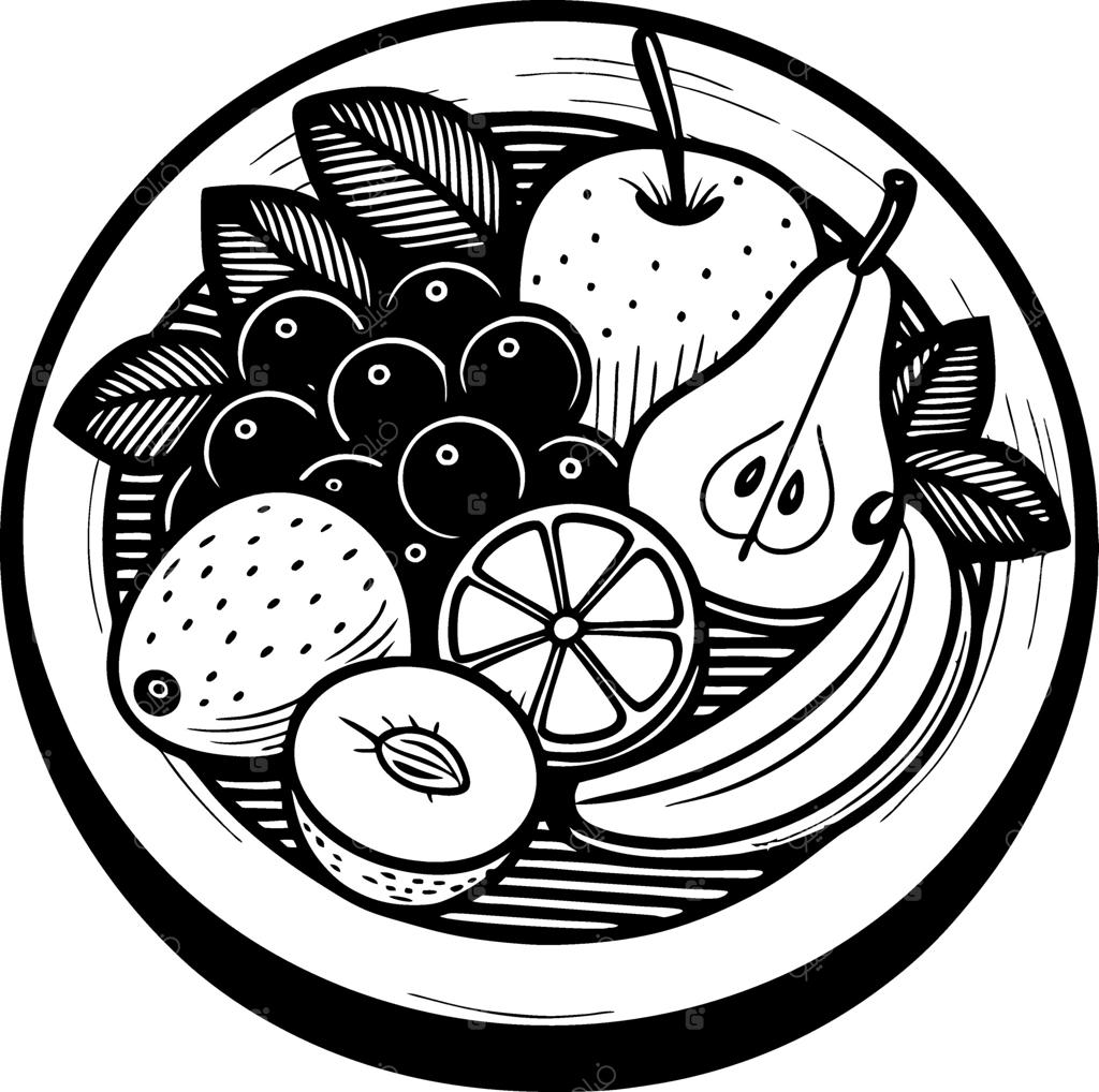 تصویرسازی رنگارنگ کاسه میوه شامل سیب، انگور، گلابی، موز و مرکبات مناسب برای طراحی