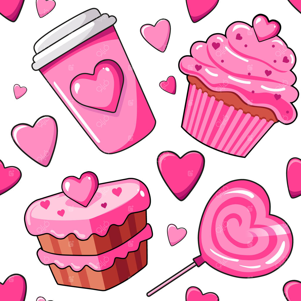 طرح وکتور یکپارچه با قهوه، آب‌نبات چوبی، کیک و قلب‌های صورتی. پس‌زمینه مخصوص روز ولنتاین. مناسب برای اسکرپ‌بوکینگ، لباس کودکان و منسوجات.