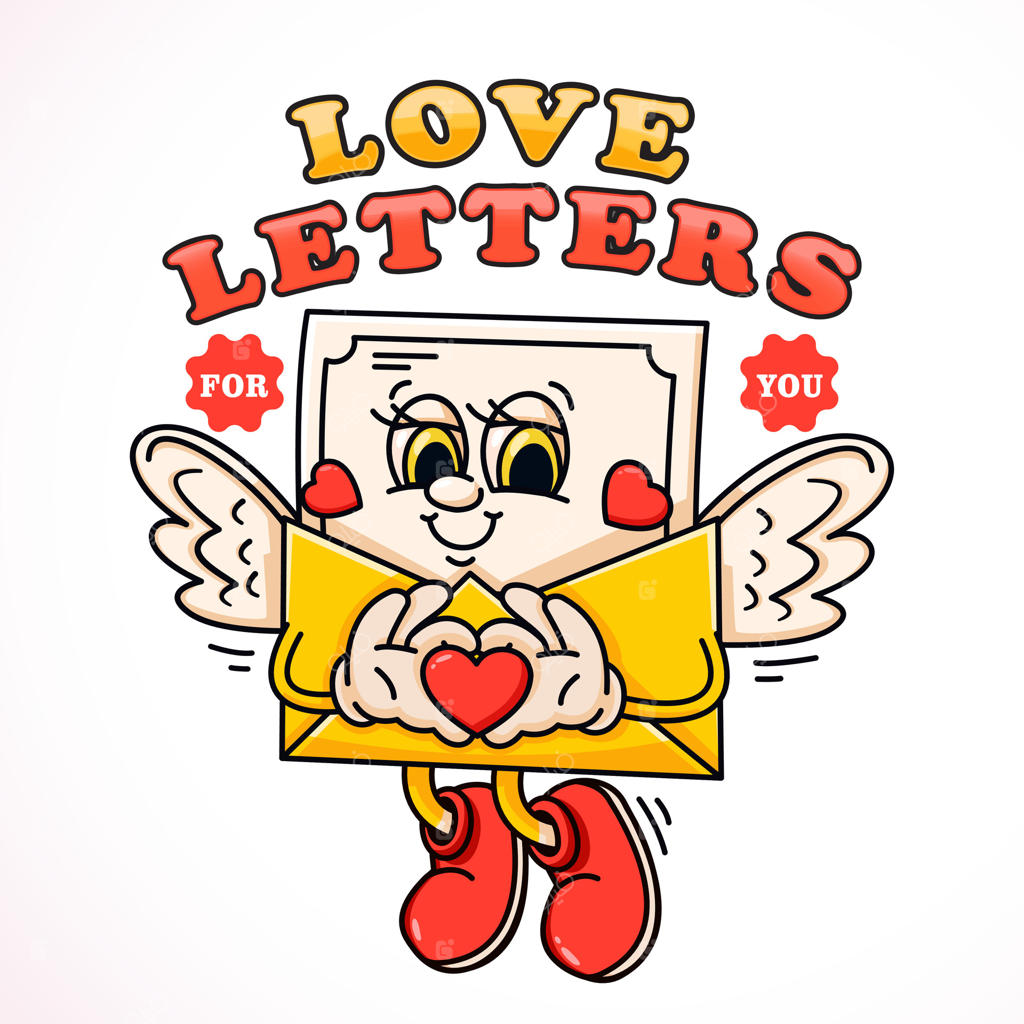 نامه‌های عاشقانه، پاکت‌های کارتونی بامزه حاوی نامه‌های عشقی پروازکن. مناسب برای لوگوها، ماسکوت‌ها، تی‌شرت‌ها، برچسب‌ها و پوسترها.