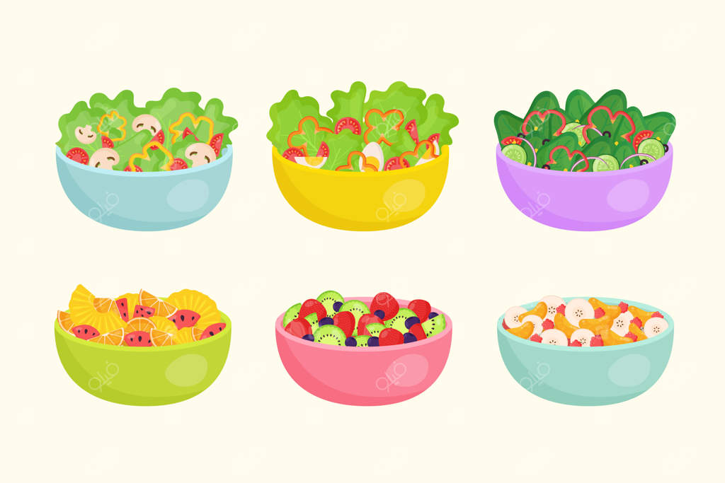 سالاد میوه و سبزیجات در کاسه‌ها