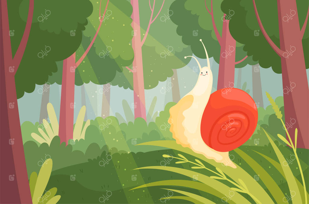 تصویر حلزون در حال حرکت بر روی چمن سبز در جنگل و باغ طبیعت.