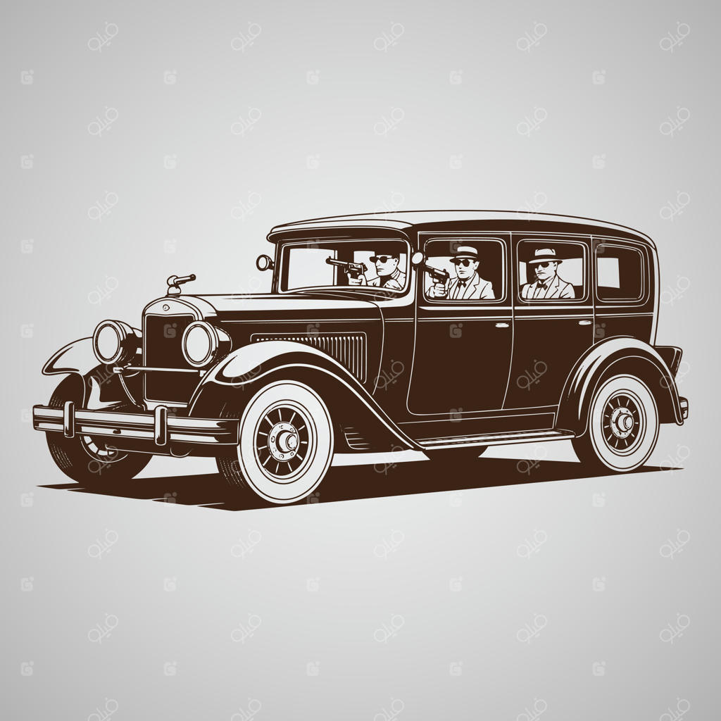 سه مرد با کلاه فدورا و کت و شلوار، تفنگ به دست در یک خودروی کلاسیک دهه ۱۹۳۰