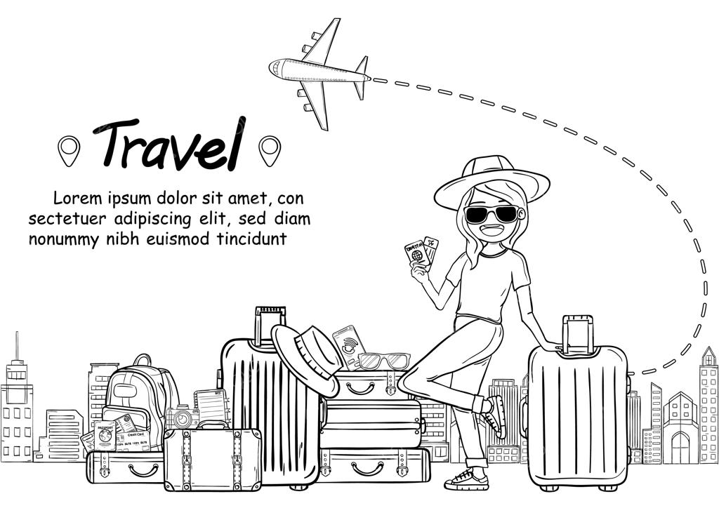 طرح دستی و کارتونی زن مسافر بامزه با چمدان و مفهوم سفر به دور دنیا