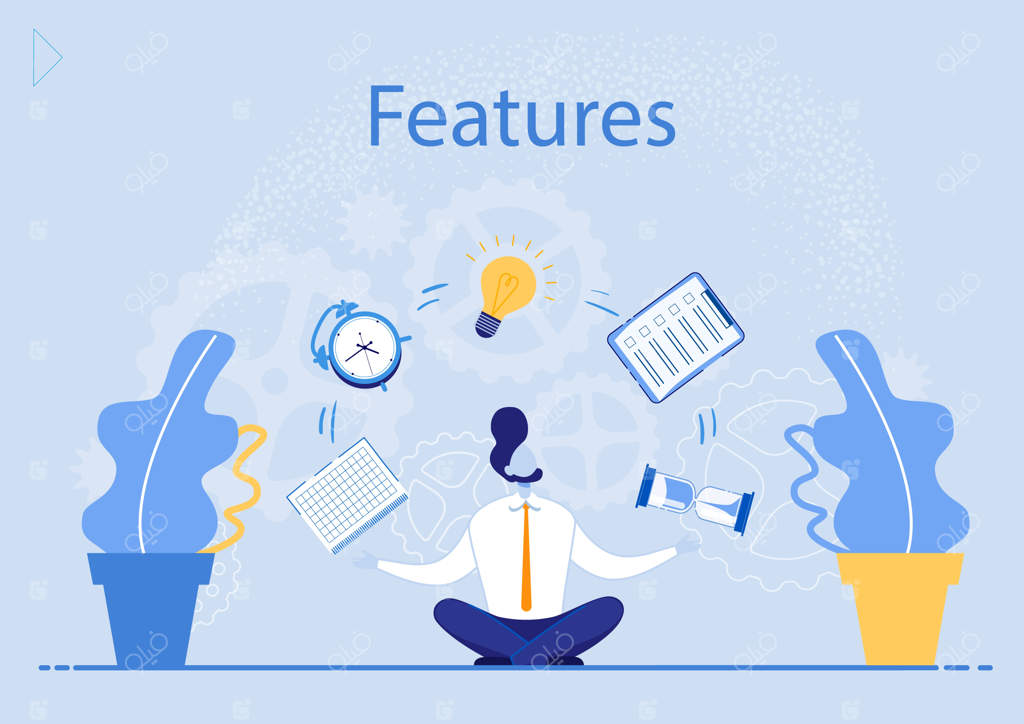 پوستر تبلیغاتی: ویژگی‌ها، مدیتیشن و توسعه مهارت‌های فکری. کارمند بر روی زمین نشسته و به اشیای پرندگان در حال پرواز نگاه می‌کند. کاری از یک تصویرسازی کارتونی.