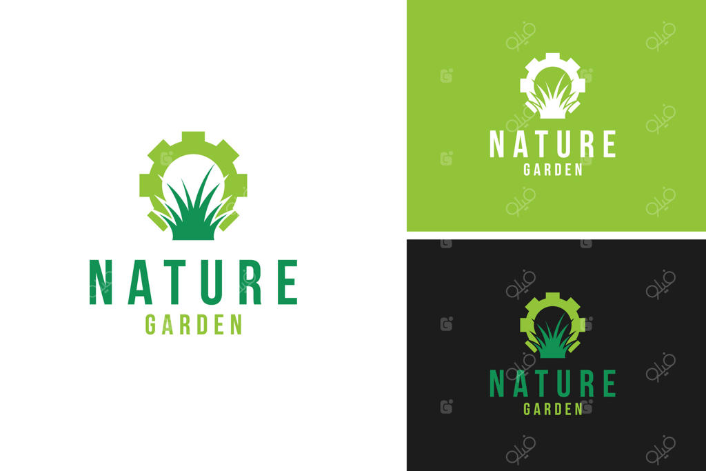 ایده طراحی لوگو: چرخ دنده با طرح علف برای نگهداری باغ و فضای سبز