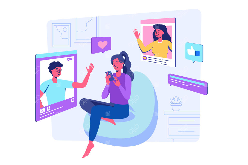 مفهوم شبکه اجتماعی با صحنه‌های افراد برای وب: گشت و گذار زنان در صفحات وب و وبلاگ‌های آنلاین، مرور پست‌ها، لایک‌ها و نظرات، به‌همراه عکس‌هایی از دوستان - تصویرسازی به سبک تخت و مدرن