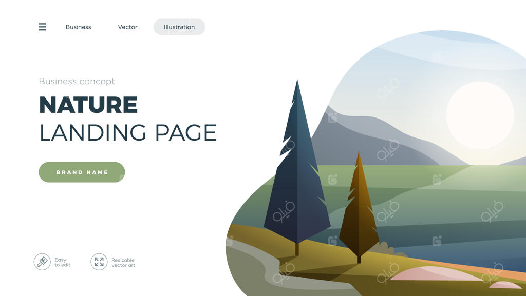 قالب صفحه فرود: پس‌زمینه‌ مدرن با مناظر طبیعی و تپه‌ها. تصویرسازی وکتور