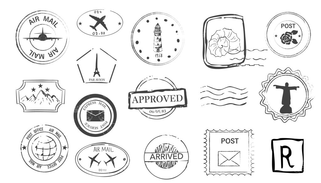 مهر پستی قدیمی و نوستالژیک، نشان پستی با طرح هواپیما، دکوراسیون دست‌ساز برای دفترچه خاطرات. کارت پستال سفر با پست هوایی