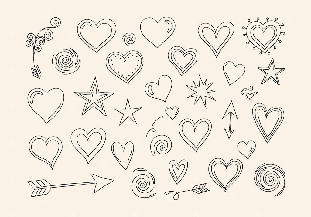 قلب‌ها، ستاره‌ها، خطوط منحنی و پیکان‌ها روی زمینه‌ای خنثی نقشی زیبا ایجاد کرده‌اند.