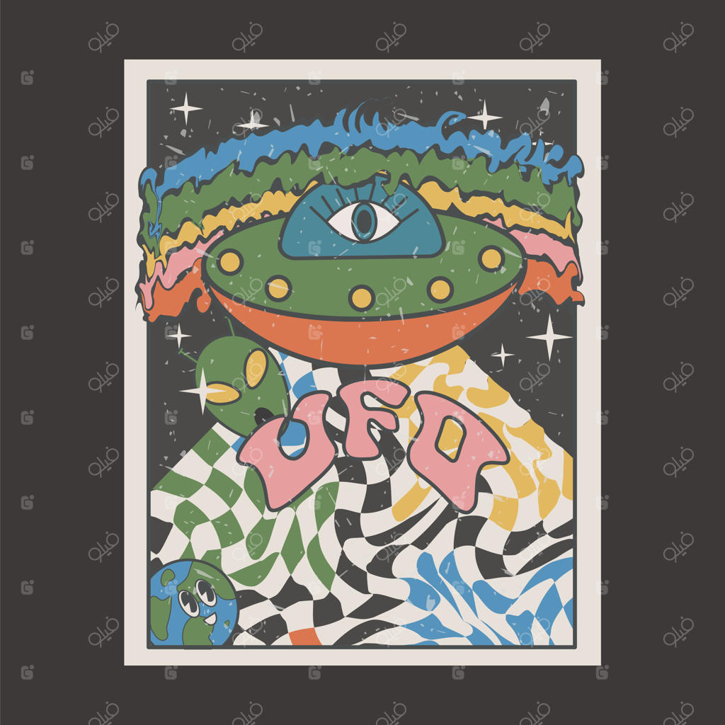 پوستر جذاب دهه ۹۰ با سبک کارتونی و روانگردان. عناصر مبارز، هیپی و رترو با رنگ‌های زنده. بشقاب پرنده، پرتوهای خورشید