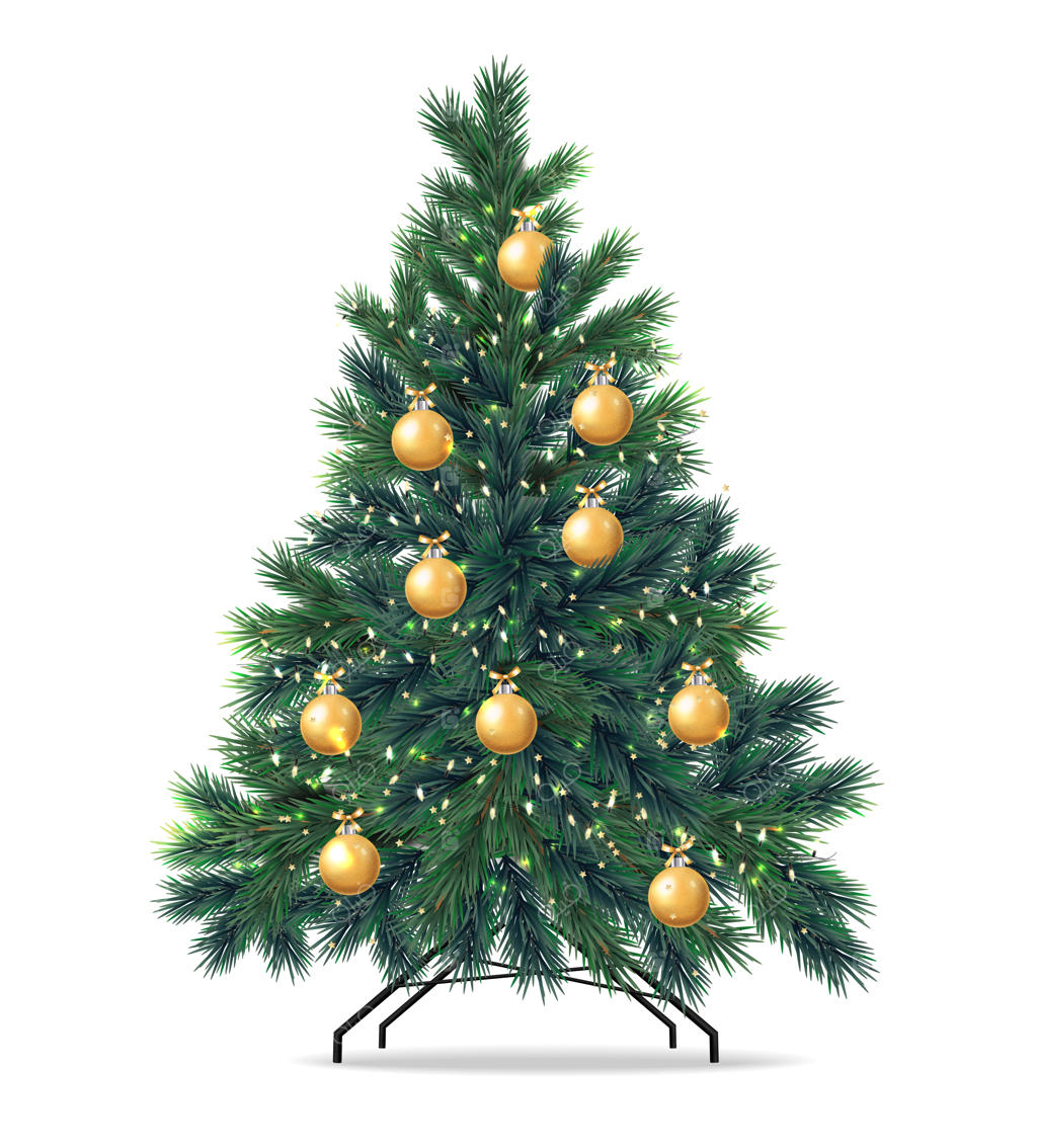 تصویر درخت کریسمس واقعی با توپ طلایی و شاخه‌های سبز کاج، جشن کریسمس مبارک