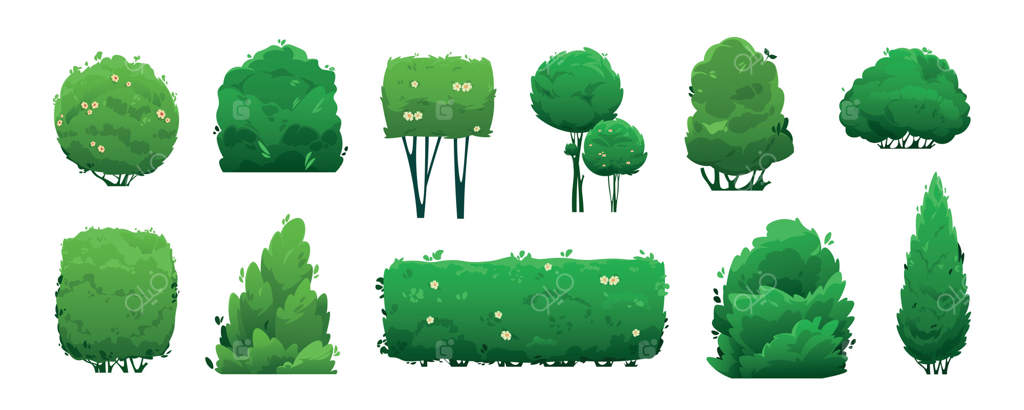 بته‌های باغچه‌ای شکل‌داده‌شده: شمشادهای سبز کارتونی، گیاهان تزئینی پارک و عناصر گیاهی منظره - مجموعه‌ای جداگانه