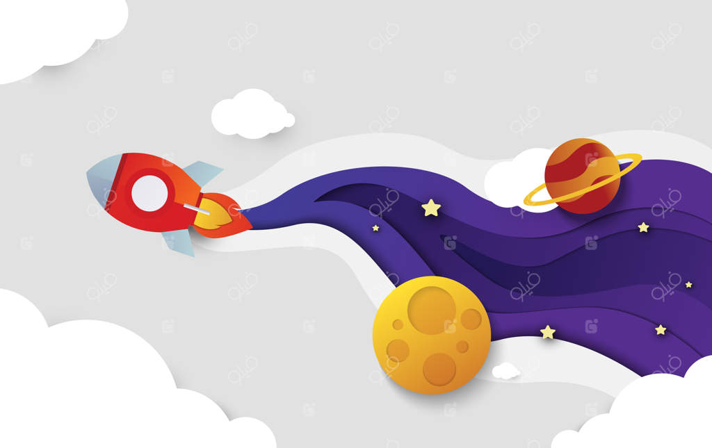 تصویر برداری موشک فضایی با پس‌زمینه ماه و ستاره‌ها در فضا