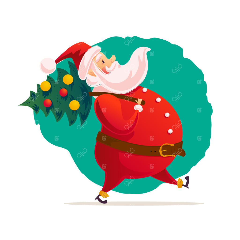 تصویر وکتور مسطح از بابانوئل در حال حمل درخت کریسمس تزئین شده.
