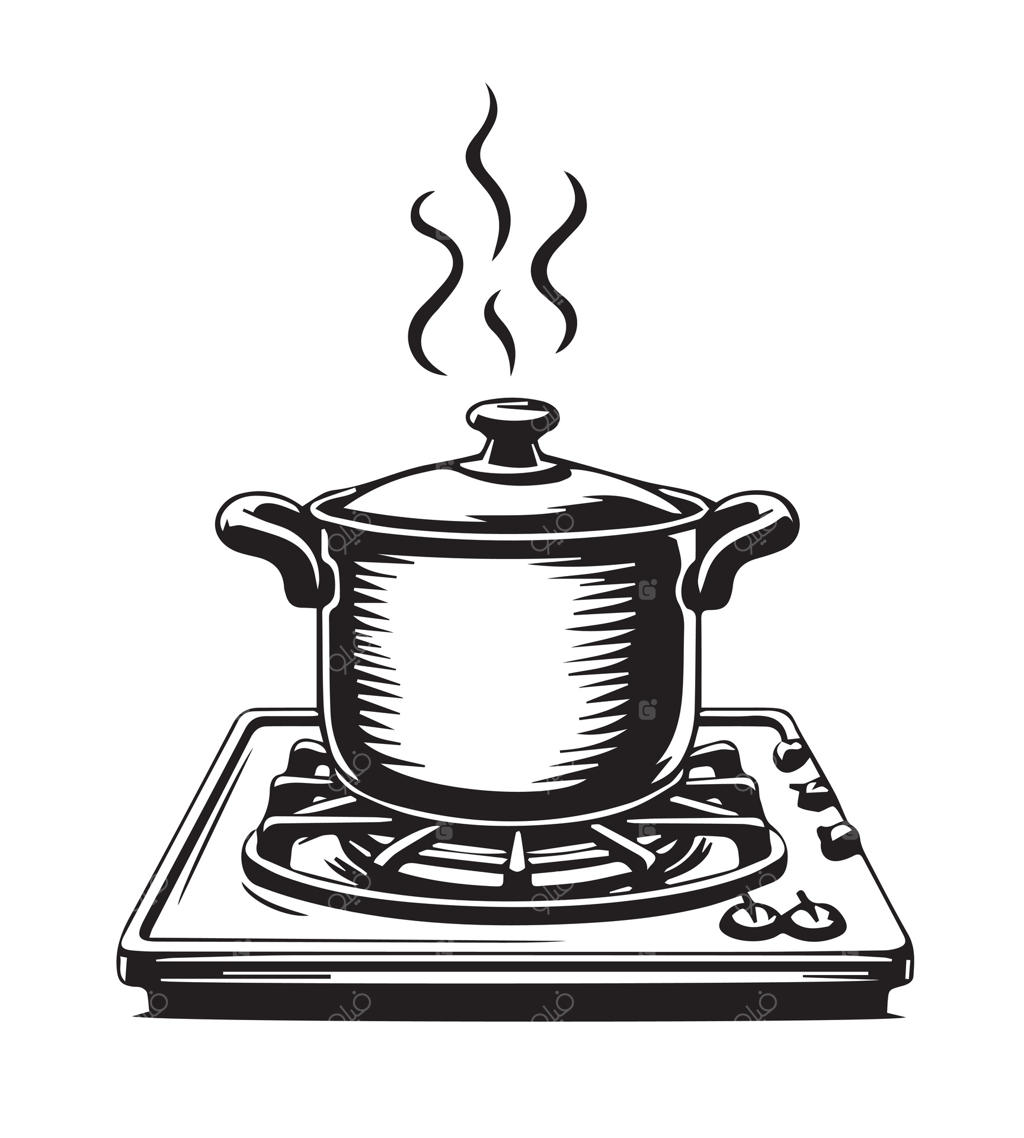 نقاشی سیاه و سفید قابلمه روی اجاق گاز