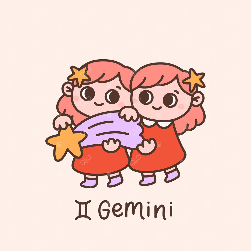 نماد برج جوزا. دوقلوها، صورت فلکی، نماد طالع‌بینی. نشانه‌ هوایی. دو دختر کوچک با ستاره دنباله‌دار. شخصیت‌های کارتونی بامزه